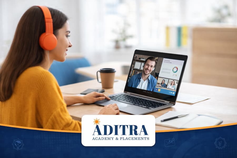 Student attending online training course using laptop at home